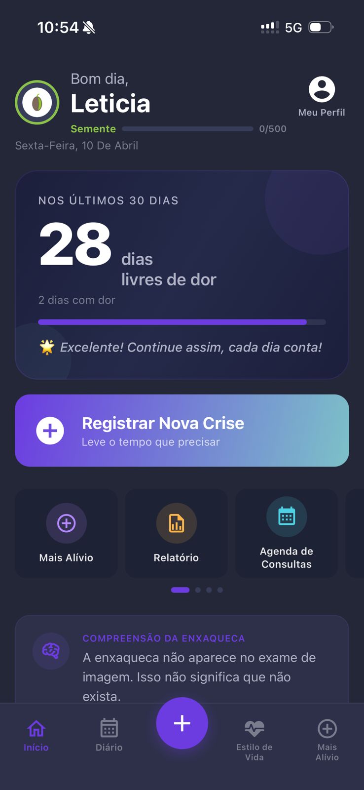 Tela inicial do app Clube Alívio mostrando 28 dias livres de dor no mês