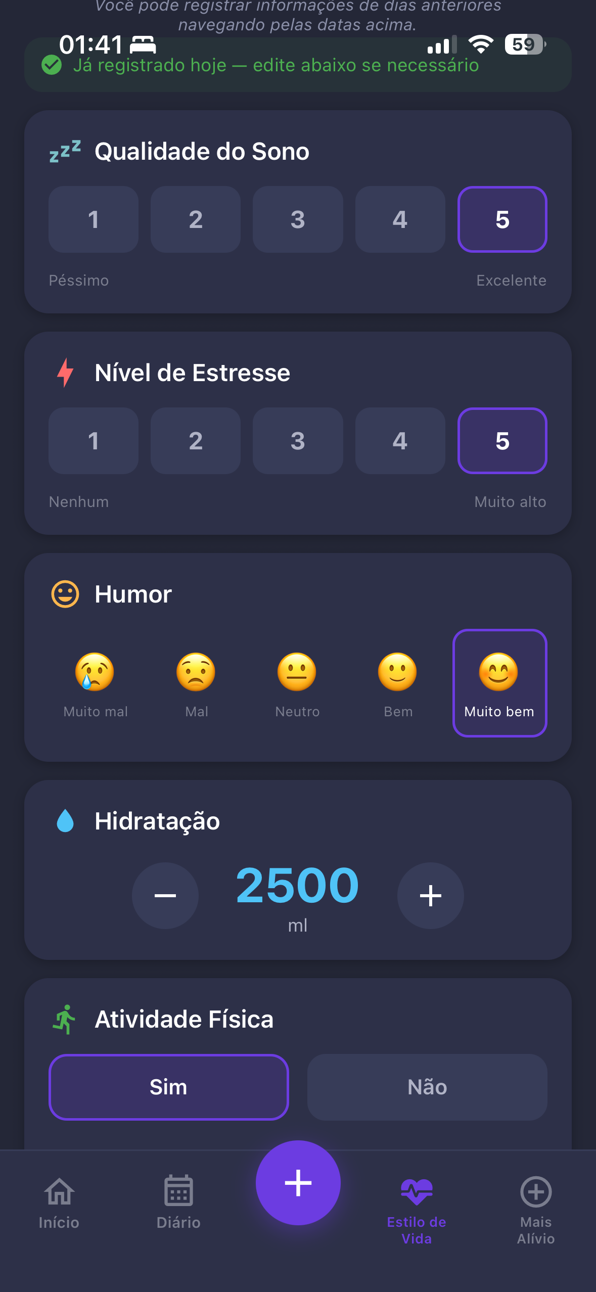 Tela de estilo de vida do app com registros de sono, estresse, hidratação e atividade